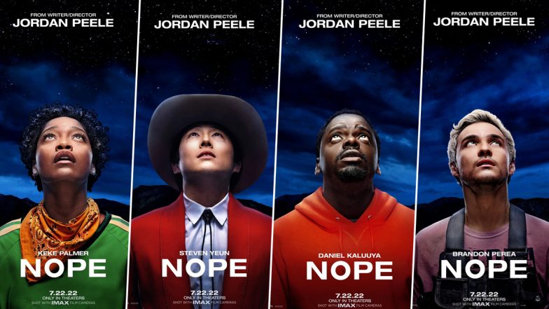 Character posters for Nope of all characters looking up: from left to right, Emerald, Jupe, OJ, and Angel