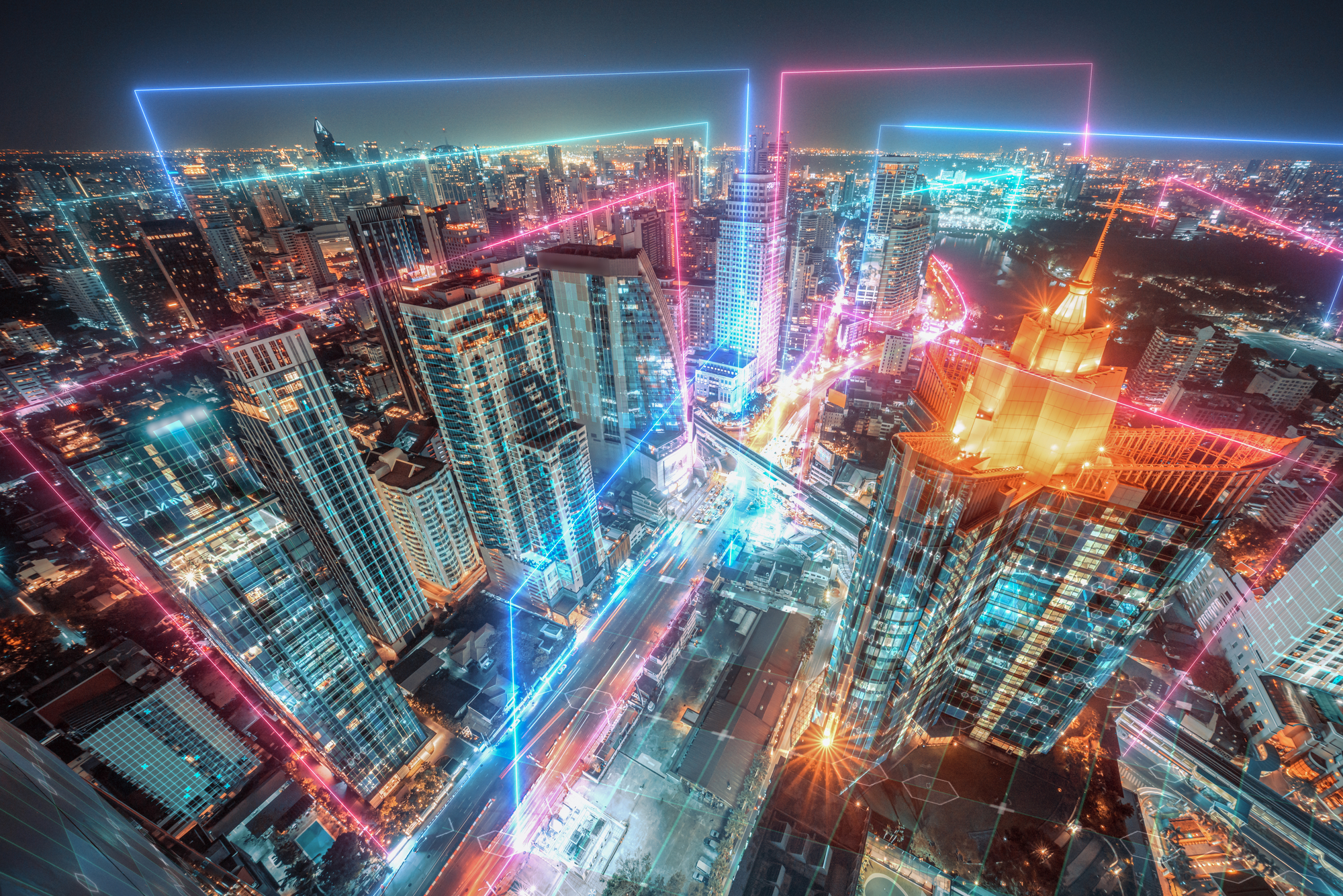 Night cityscape with Neon light and Futuristic digital 