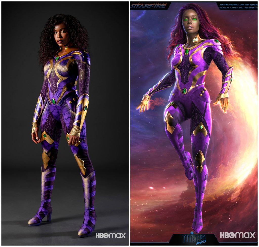 Anna Diop dressed in purple spandex superhero costume. 