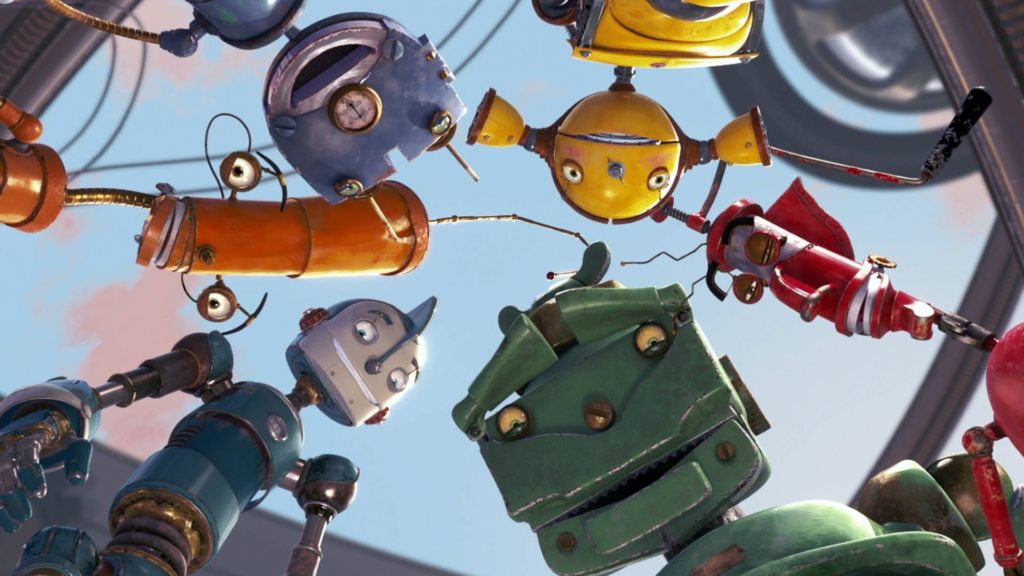 Robots characters look down in a smiling circle.