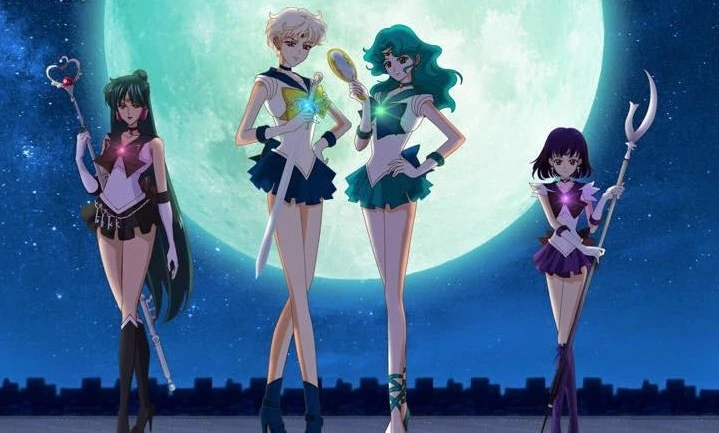 The outer sailor senshi, Sailor Pluto, Sailor Uranus, Sailor Neptune, and Sailor Saturn stand before the Moon.
